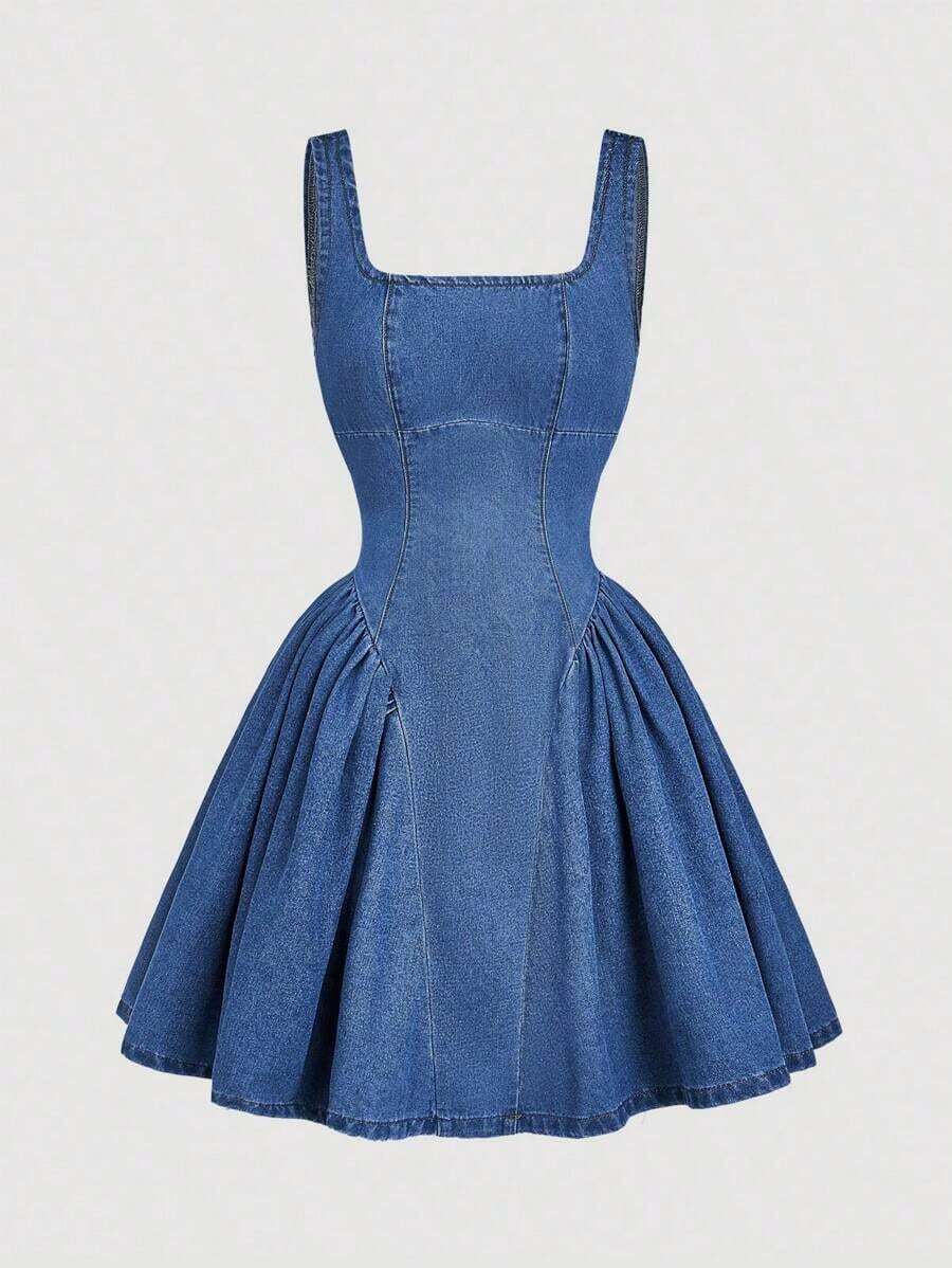 MOD Vestido de mezclilla casual de verano para mujer con cuello cuadrado y mangas acanaladas sin mangas - Azul lavado medio - Ver 1