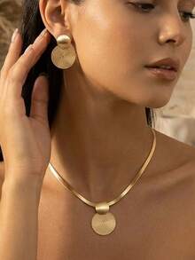 Bộ trang sức vàng dành cho nữ, gồm dây chuyền mặt dây hình đĩa đôi hình học và bông tai dáng dài, dây xích xương cá bản rộng, kiểu dáng độc đáo, quà tặng cho phái nữ. - Nhiều màu - Xem 10