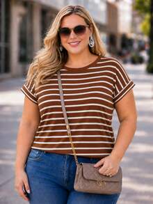 Women's Plus Size Striped Blouse, Black And White, Short Folded Sleeves, Oversized, Comfortable, Casual Urban Fashion, Daily Wear, Vacation, Cold Weather, Winter - 鏽棕色 - 查看 6