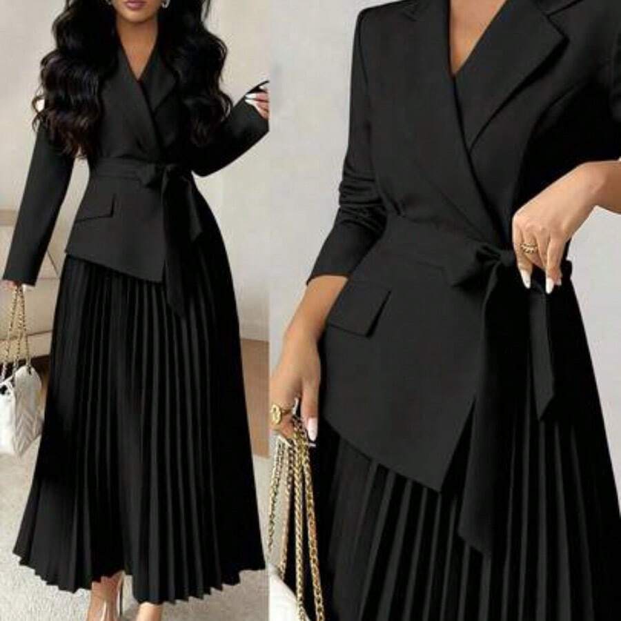 Raffinéa Women's Casual Versatile Commuting Patchwork Blazer Collar Long Sleeve Cinched Waist Pleated Midi Dress, Autumn/Winter Skirt Suits For Woman Blazer Skirt Set - Negro - Ver 1