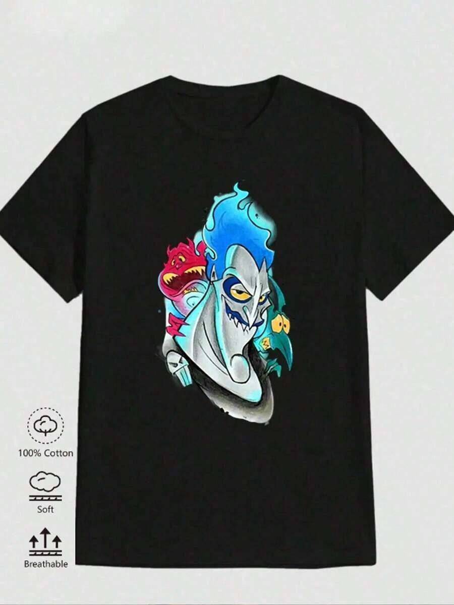 Men's Graphic Tees, 1 Pack, Men's Cotton Tees, Black And White Printed Cotton T-Shirt With Hades Villain From The Local Shop, 180g, High Quality Crew Neck, Basic Loose Fit, Breathable, Machine Washable, Comfortable, Versatile, S-3XL, Summer Essential For Men And Women, Daily Casual Wear, Sportswear, Halloween Costumes - 黑色 - 查看 1