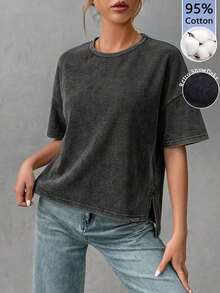 Camiseta holgada de estilo minimalista casual para mujer, con parte delantera corta y parte trasera larga, versátil para usar en la calle, adecuada para primavera y verano - Multicolor 2 - Ver 1
