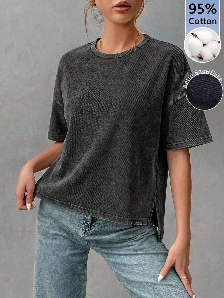 Camiseta holgada de estilo minimalista casual para mujer, con parte delantera corta y parte trasera larga, versátil para usar en la calle, adecuada para primavera y verano - Multicolor 2 - Ver 1