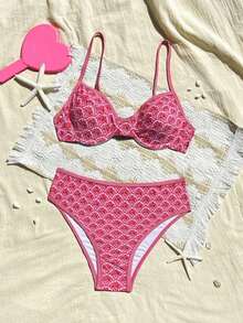 Swim Mod Bikini de 2 piezas con parte superior con aros y tirantes ajustables, y Bottom de tiro alto, con estampado floral ditsy en color fucsia, para vacaciones, Primavera/Verano 2026 - Rosa Fucsia - Ver 2