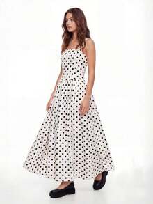 Vestido casual y elegante de mujer con cuello cuadrado sin mangas, a lunares en blanco y negro, silueta ajustada, adecuado para el trabajo o citas, falda larga en línea A, apropiado para verano y primavera, vestido elegante para fiestas, ropa exterior, vestido de vacaciones, vestido a lunares - Blanco y Negro - Ver 8