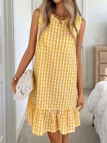 Vestido de verano estilo bohemio con cuello redondo sin mangas y corte evasé a dos colores a cuadros, vestido esencial para vacaciones y uso diario al aire libre - Multicolor - Ver 5
