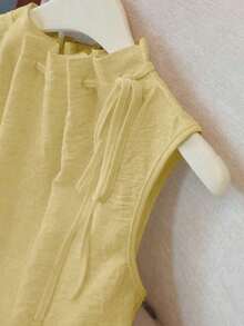 Blusa blanca elegante sin mangas, de cintura elástica, cuello suelto con cordón, de tejido texturizado para mujeres, primavera/verano - Amarillo - Ver 4