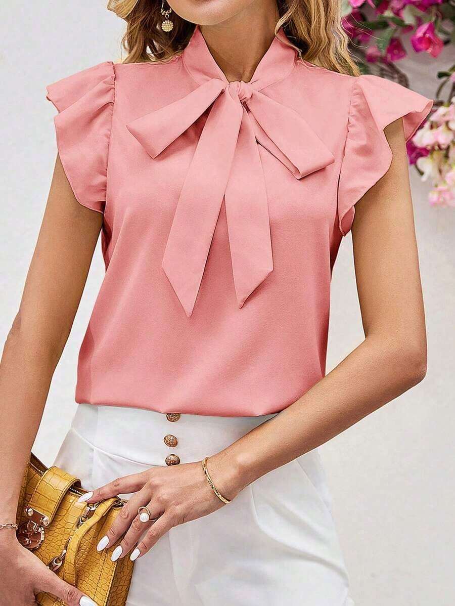 Blusa con lazo elegante para mujer, versátil para el trabajo y el uso casual, verano - Rosa 2 - Ver 1