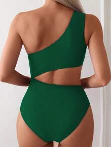 Swim 1 pieza Traje de baño de una pieza para mujer con diseño calado y fruncido en color liso - Verde - Ver 2