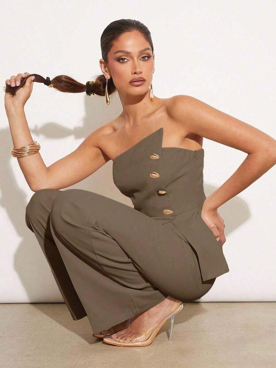 Set de 2 piezas: Top con diseño de aro asimétrico con decoración metálica + Pantalones de pierna recta, Uso elegante diario, Atuendo de oficina, Boda, Vacaciones, Cita, Fiesta, Ceremonia de graduación - Marrón 2 - Ver 1