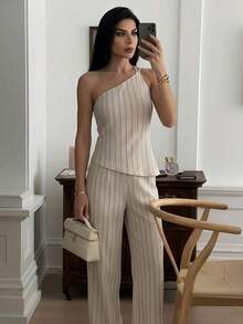 Nuevo conjunto de primavera/verano, elegante atuendo de vacaciones, blusa de lino asimétrico con cintura fruncida y espalda descubierta en color albaricoque y pantalones largos de cintura alta de 2 piezas de traje de lino - Albaricoque 2 - Ver 5
