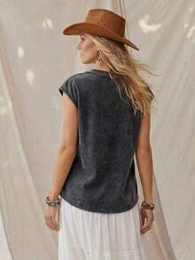 Camiseta de punto de gofre de cuello en V sólido, de manga corta, casual para primavera y verano - Negro - Ver 2