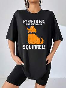 Image Of A Friendly Animated Dog Named Dug That Conveys Joy, Energy And A Touch Of Humor With A Funny Phrase, Ideal For Those Who Love Animals And Are Looking For A Comfortable And Expressive Casual Women's T-Shirt For Everyday Wear - 黑色 - 查看 6