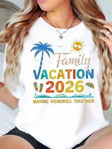 Camiseta de mujer para vacaciones familiares 2026 Haciendo recuerdos juntos Estampado de palmera, sol, playa, chanclas, paraguas Cuello redondo Casual de manga corta Uso diario 220g - Blanco - Ver 2