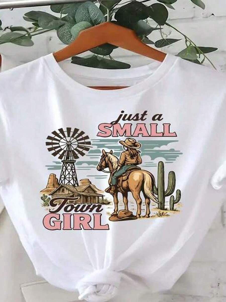 Women's Plus Size Denim Shirt - Small Town Print With Windmill And Cactus Design, Short Sleeve Crew Neck, Casual Summer Top For Ranch, Country Outfits And Everyday Wear - White Western Style Shirt - 白色 - 查看 1