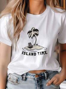 Camisa de mujer de estilo regular de manga corta - Estampado de silla de cubierta de árbol de isla tropical con dibujo geométrico 2D | Diseño cómodo y ustado | Estilo cajero de vacaciones - Blanco - Ver 2
