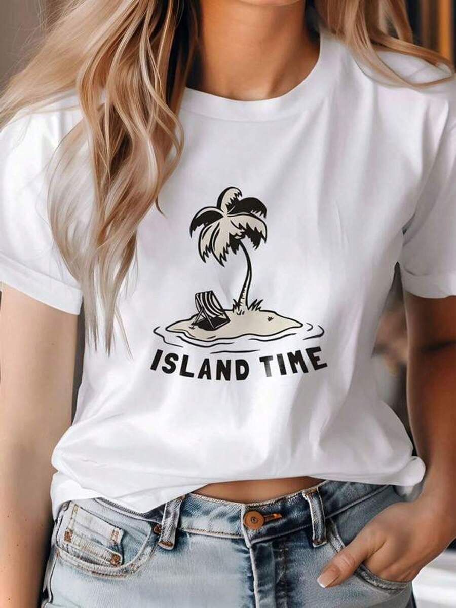 Camisa de mujer de estilo regular de manga corta - Estampado de silla de cubierta de árbol de isla tropical con dibujo geométrico 2D | Diseño cómodo y ustado | Estilo cajero de vacaciones
