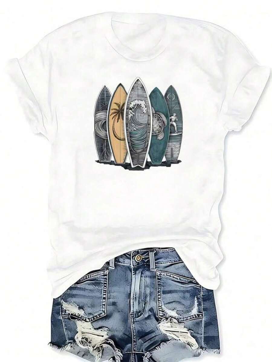 Camiseta de cuello redondo con estampado gráfico de tabla de surf retro y tropical, camiseta casual de manga cortarrimavera y verano, ropa de talla grande para mujer