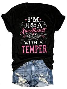 Camiseta casual de manga corta y cuello redondo con estampado de letras de estilo occidental, perfecta para primavera y verano, diseño para mujer - Negro - Ver 2