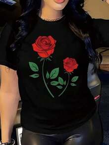 1 Pieza de Camiseta Casual de Moda para Hombres y Mujeres con Estampado de Rosas y Cuello Redondo, Top Casual de Manga Corta para Primavera y Verano, Ropa Versátil para Mujer, Fácil de Combinar, Uso Diario, Estilo Urbano, Atuendo para Vacaciones, Atuendo para Fin de Semana. - Negro - Ver 6