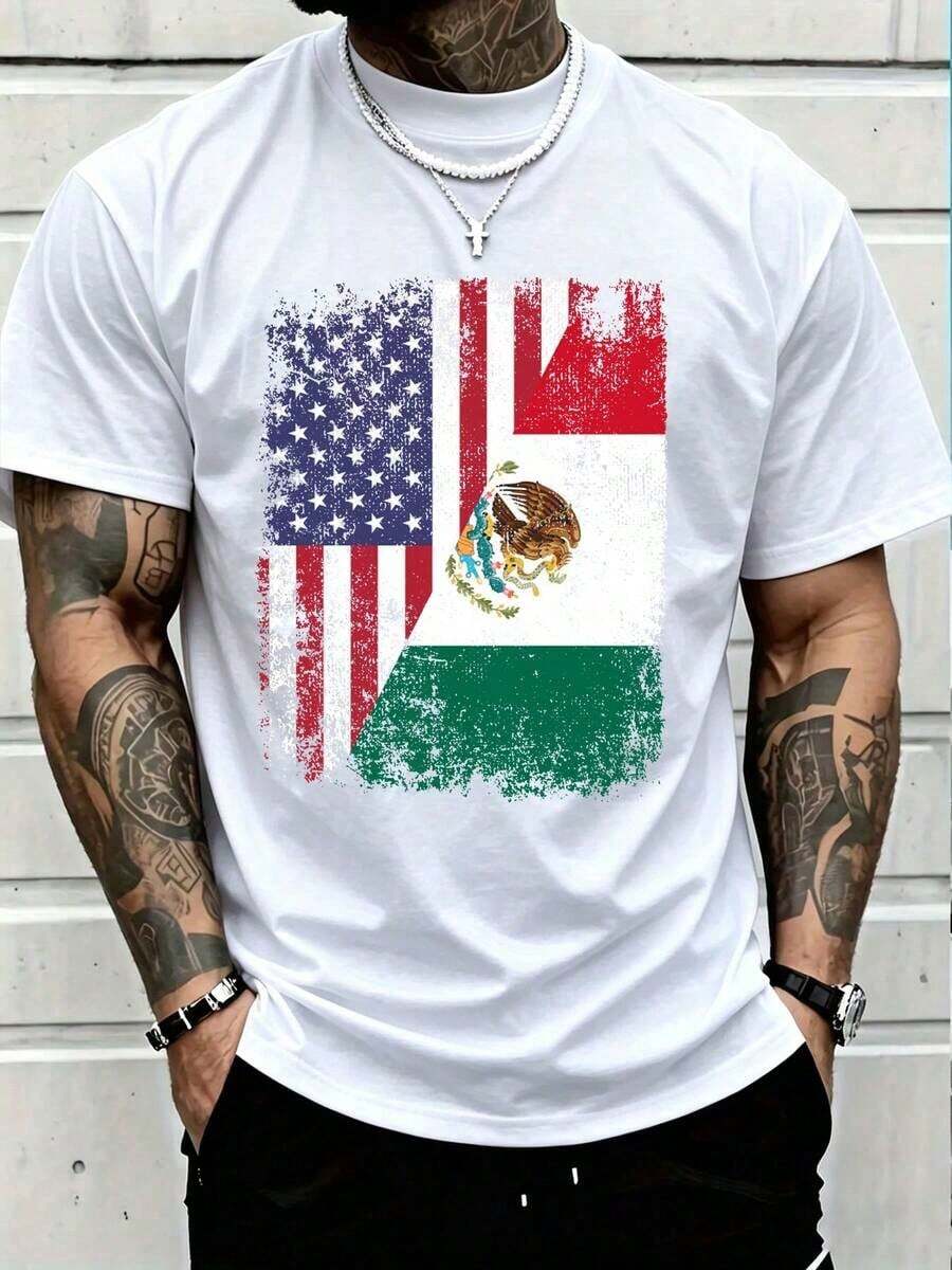 T-Shirt With Graphic Of Half American And Mexican Flags, American And Mexican Roots, 100% Cotton, For Women And Men, Casual, Fashion Top - 白色的 - 查看 1