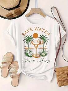 Women's Casual Short Sleeve T-Shirt - "Save Water Drink Marg's Palm Trees Cocktail Sunset Coconut" Design, Round Neck, Summer Top, Machine Washable, Ladies' T-Shirts, Casual Wear, Modern Style, Comfortable Fit

Black - 白色 - 查看 2