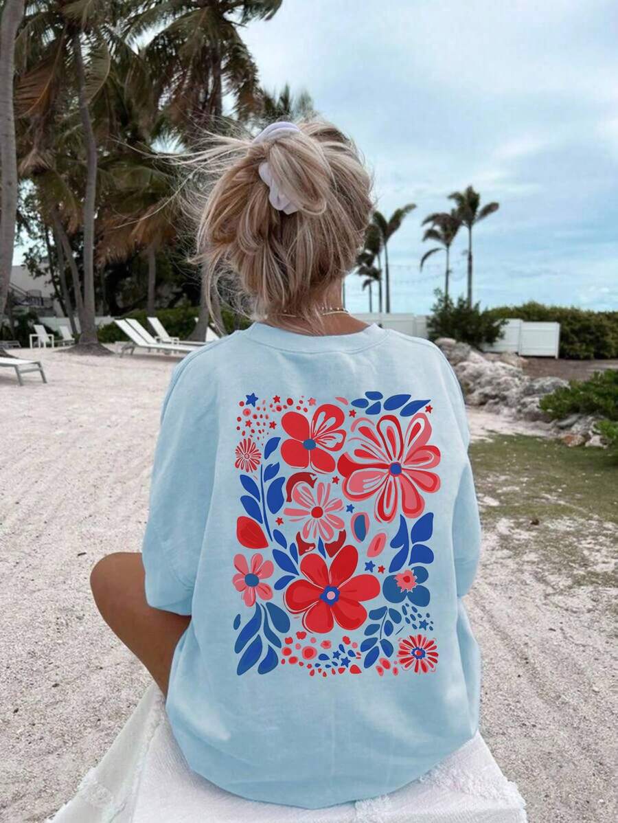 Women's Light Blue Summer Oversized T-Shirt With "Forever Awesome" Slogan And Pink Flowers. Loose-Fitting Round Neck T-Shirt With Printed Text And Floral Design, Fresh And Casual Style. - YH414-藍色 - 查看 1