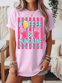 Iced Coffee And Sunshine, Iced Coffee Shirt, Coffee Lover Shirt,  Summer Shirt, Summer Vacation Beach Shirt. Women's Fashionable Casual T-Shirt With Creative Print, Short Sleeve, Round Neck, For Spring And Summer - Festive Celebration Shirt, Party Wear Top - 彩色 - 查看 1