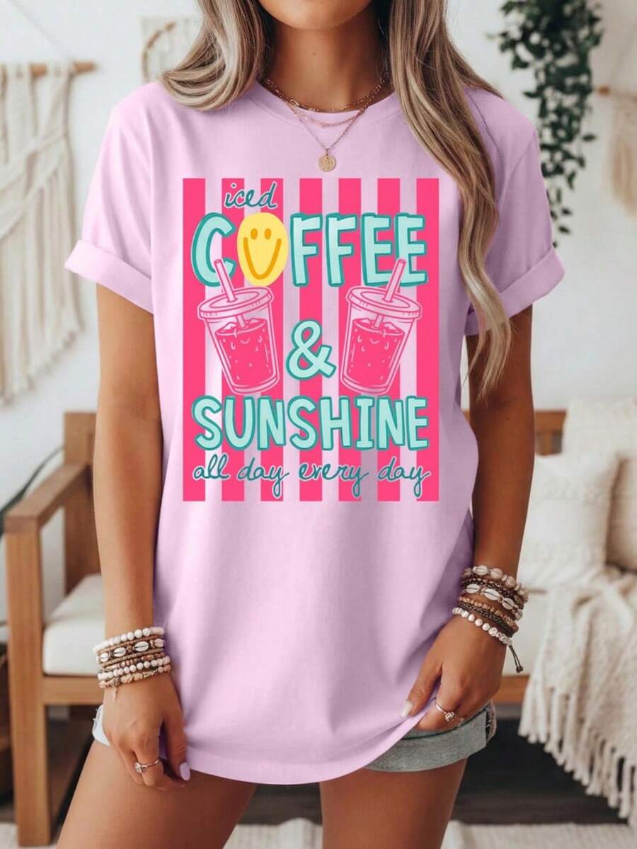 Iced Coffee And Sunshine, Iced Coffee Shirt, Coffee Lover Shirt, Summer Shirt, Summer Vacation Beach Shirt. Women's Fashionable Casual T-Shirt With Creative Print, Short Sleeve, Round Neck, For Spring And Summer - Festive Celebration Shirt, Party Wear Top - 彩色 - 查看 1