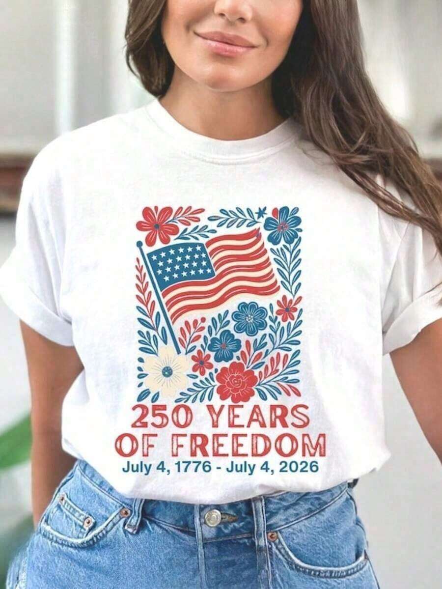 Camiseta Bohemia Americana para el 250º Aniversario, Camiseta Temática del 250º Aniversario, 100% Algodón, Estilo Casual y Cómodo, Camisa Patriótica Vintage, Perfecta para Todas las Temporadas, Adecuada para Celebraciones de Cumpleaños Americanas. Jpeg2026-Camiseta unisex de algodón holgada de manga corta y cuello redondo estilo vintage urbano. Blusas para mujer. blusas.blusas casuales para dama. - Blanco - Ver 1