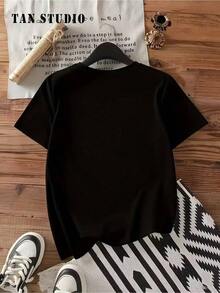 Camiseta de manga corta de talla grande para mujer - Camiseta básica casual de corte holgado, elegantes tops de poliéster, camisa elegante para mujer, camiseta de manga corta con estampado de oso de dibujos animados - Tops de primavera y verano, transpirable y cómoda. - Negro 1 - Ver 2