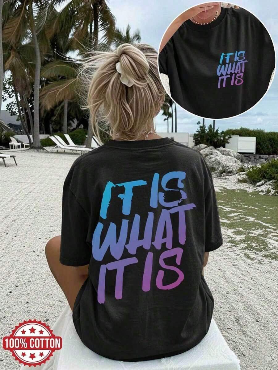 Gift Women's Blouses [Double-Sided Print] Women's Summer Casual Loose Fit Top With Gradient Graffiti Lettering 'IT IS WHAT' Print, Round Neck, Short Sleeve, Drop Shoulder, Oversized T-Shirt [1] Gym Y2k Round Neck 100% Cotton Soft Fabric Short Sleeve - 黑色 - 查看 1