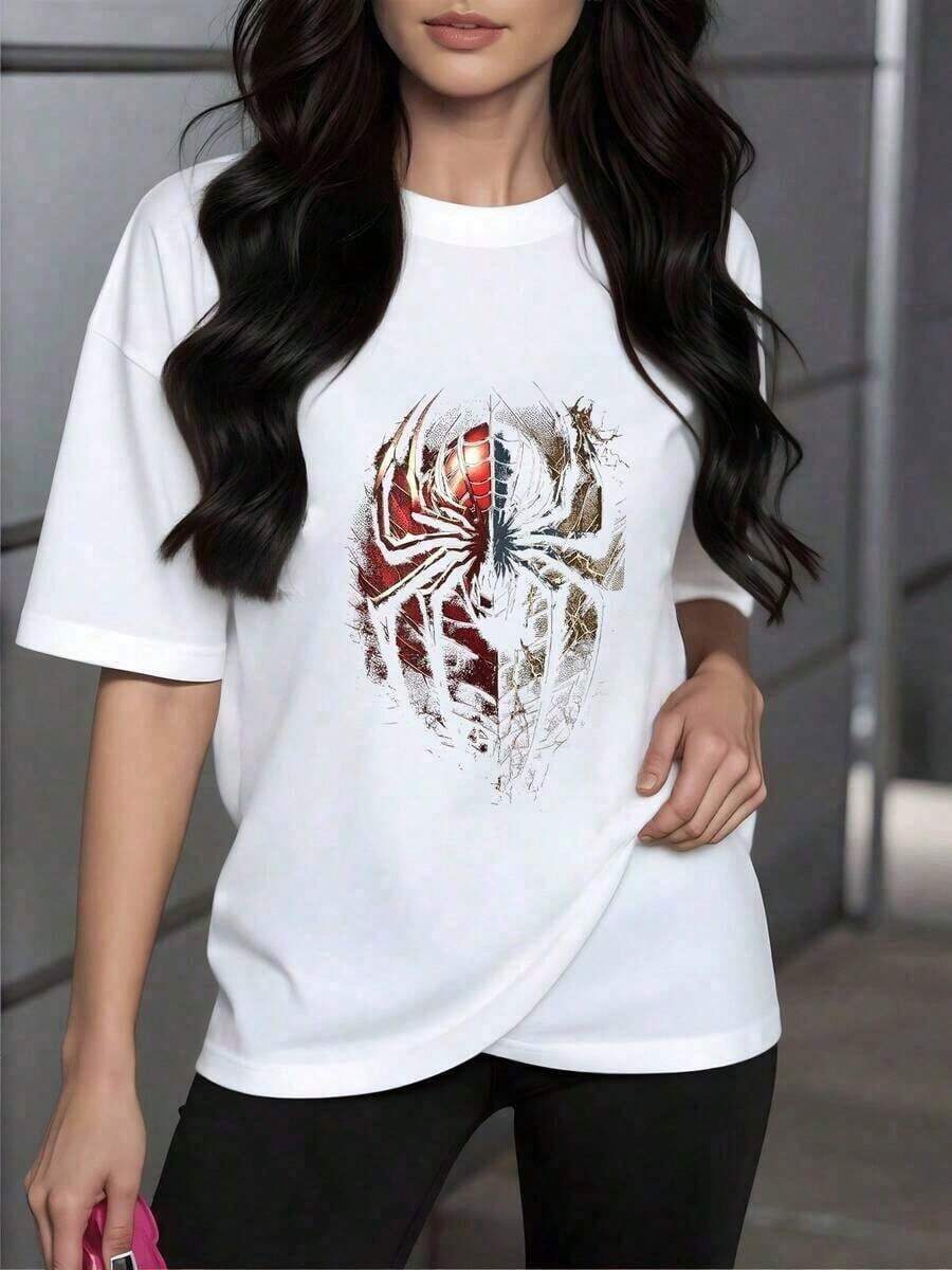 Limited EditionWomen's Loose Printed-shirtSímbolo de araña dividido en tonos rojos y dorados que representa la dualidad entre fuerza y elegancia con trazos que evocan energía y equilibrio camiseta de mujer blanca casual cómodacamisas de mujer blusaLightweight Cotton - Negro - Ver 1