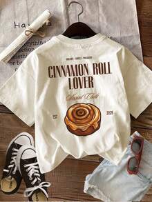 Top casual de primavera y verano para mujer, estilo vintage, estampado de rollo de canela, cuello redondo, camiseta de manga corta de algodón puro, 100% algodón. - Albaricoque - Ver 3