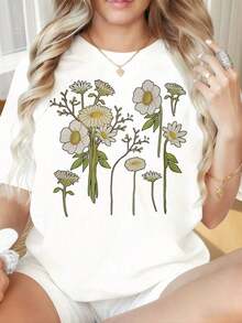 Camisetas manga corta mujer Camiseta de mujer 100% algodón con cuello redondo y mangas cortas, estampado divertido. Camiseta negra con estampado floral de margaritas para mujer, corte holgado informal, manga corta, top de moda de verano, camiseta gráfica. Adecuada para el Día de San Valentín, fiestas de Navidad, actividades deportivas, fiestas de vacaciones, salidas, deportes y otros regalos navideños. - Blanco - Ver 1