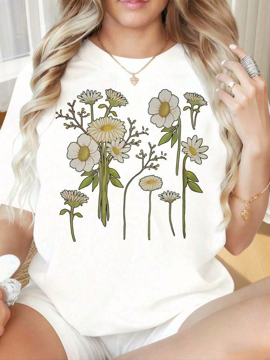 Camisetas manga corta mujer Camiseta de mujer 100% algodón con cuello redondo y mangas cortas, estampado divertido. Camiseta negra con estampado floral de margaritas para mujer, corte holgado informal, manga corta, top de moda de verano, camiseta gráfica. Adecuada para el Día de San Valentín, fiestas de Navidad, actividades deportivas, fiestas de vacaciones, salidas, deportes y otros regalos navideños. - Blanco - Ver 1