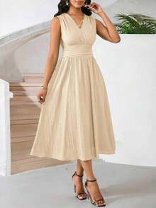 Vestido veraniego sin mangas de mediana longitud para mujer, de tela tejida con textura en color verde - Albaricoque - Ver 4