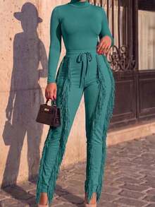 CALEBGAR Women's Sexy Two Piece Outfits Long Sleeve Fringe Pants Set Clubwear Going Out Birthday Party Night Outfits - 綠色 - 查看 3