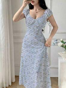 Vestido largo de verano con cuello en V, estampado floral y cintura ceñida - Celeste - Ver 4