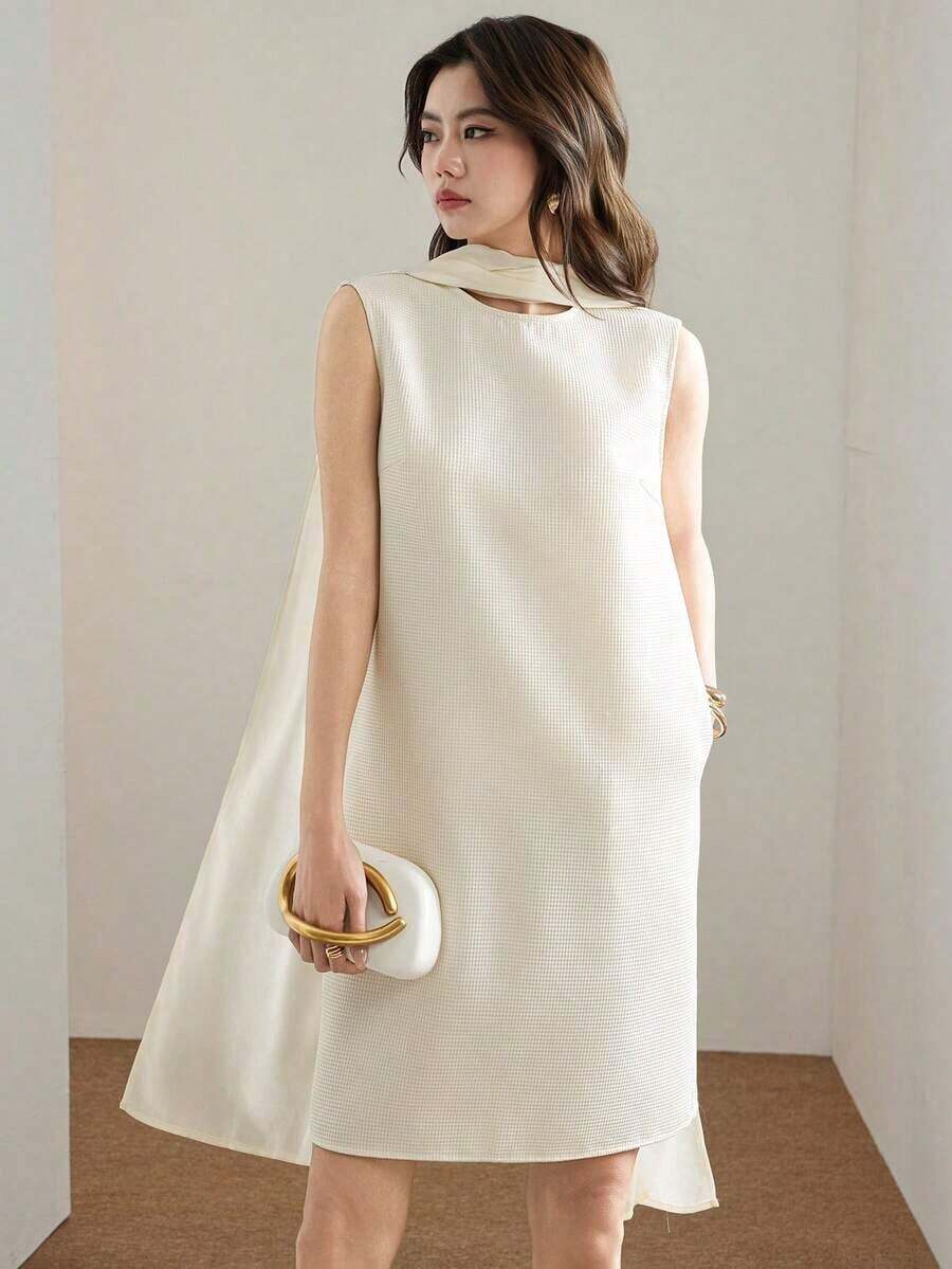 Vestido elegante de oficina con cuello drapeado para mujer - Albaricoque - Ver 1