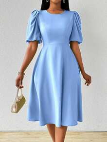 Vestido verde de manga abullonada larga, cuello en V, cintura recogida y bajo acampanado, para primavera y verano - Celeste - Ver 3