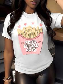 Papas fritas dentro de una caja rosa con corazones simbolizan amor propio y amistad entre mujeres con mensaje divertido que expresa confianza y alegría camiseta de mujer casual moderna - Blanco - Ver 5