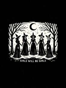 Women's Casual Loose Fit Crew Neck T-Shirt With Witch And Slogan Print, Loose Fit, Casual And Versatile Top, Y2k T-Shirt - 黑色 - 查看 5