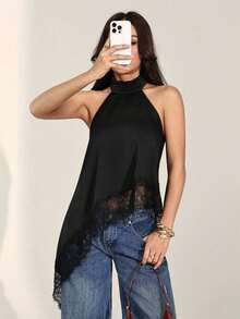 Top halter con escote trasero, bajo asimétrico y parches de encaje, sexy para el verano - Negro - Ver 11