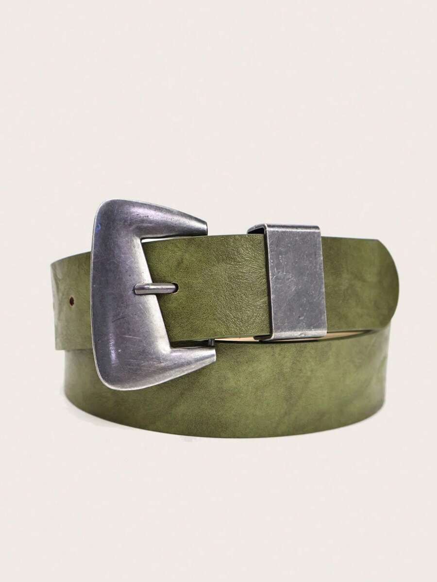 1 pieza Cinturón bohemio, cinturón de cintura estilo occidental de color verde oliva para mujer, cinturón de cintura ancho con hebilla diagonal de estilo renacentista con hebilla vintage desgastada de plata, adecuado para vaqueros, pantalones, abrigos, diario, casual, fiesta, festival de música - Verde - Ver 1