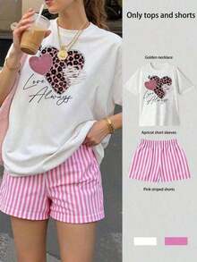 short sleevesRopa de verano para mujer, que incluye una camiseta con estampado de corazón y la frase "love always" junto con un diseño de animales, de manga corta, adecuada para uso diario, ocasiones informales y vacaciones en la playa.Leisure - Blanco - Ver 1