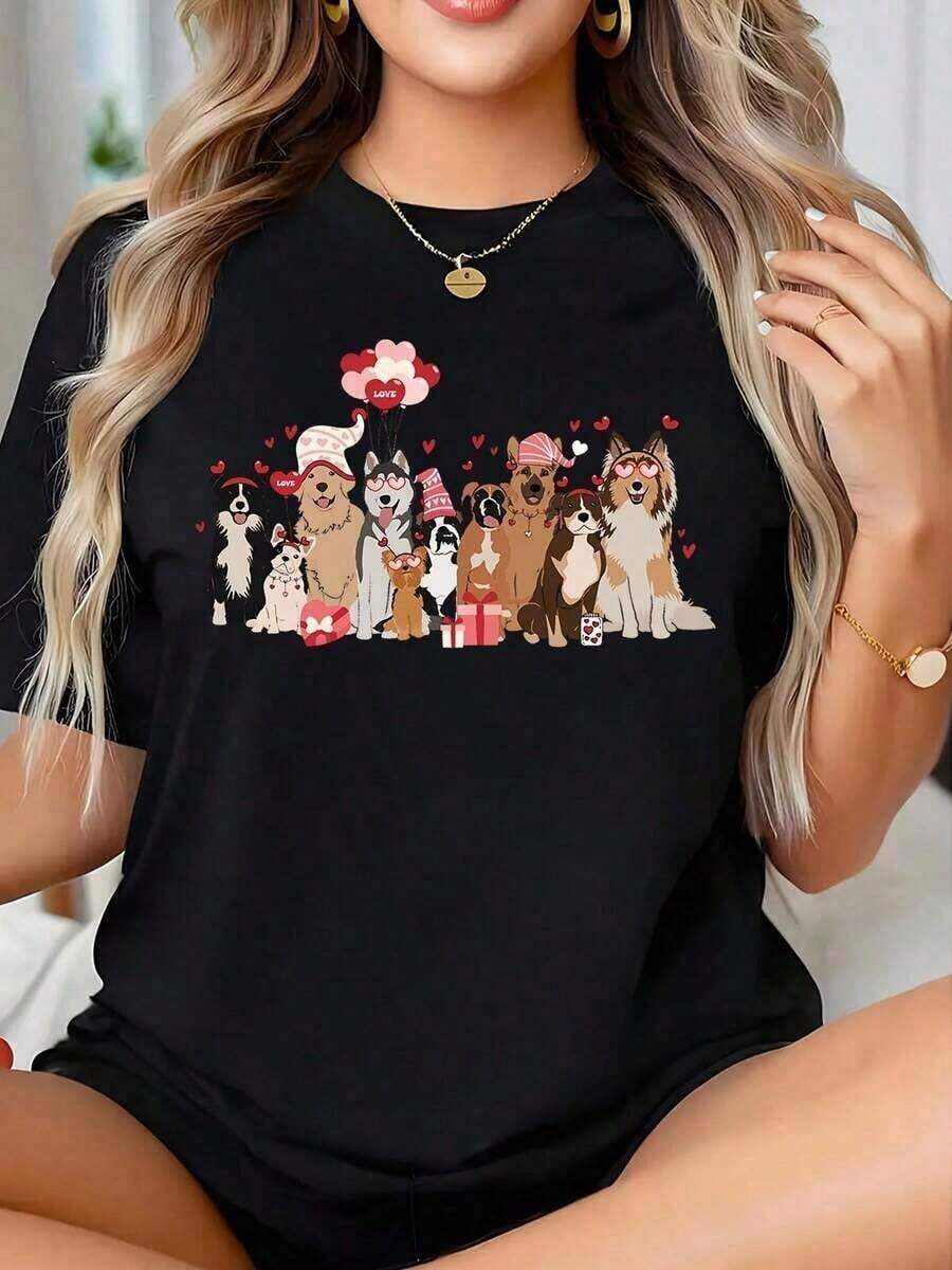 One-Piece Plus-Size Valentine's Day T-Shirt With Dog Paw Prints And Love Messages, Perfect For Dog Lovers. This Adorable Pet Design T-Shirt Features Romantic Phrases And Hearts, Making It Ideal For Valentine's Day And Pet Owners. Made From 180g Soft Cotton. - 黑2 - 查看 1