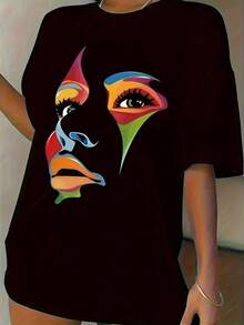 Camiseta deportiva casual para mujer, estampado de rostro abstracto, camiseta de manga corta de ajuste cómodo, top casual elegante y transpirable. - Negro - Ver 2