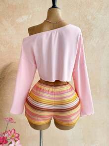 Conjunto de 2 piezas de top asimétrico y shorts de unicolor casual de vacaciones para mujer - Multicolor - Ver 2