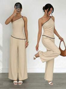 Nuevo conjunto de primavera/verano, elegante atuendo de vacaciones, blusa de lino asimétrico con cintura fruncida y espalda descubierta en color albaricoque y pantalones largos de cintura alta de 2 piezas de traje de lino - Caqui - Ver 7